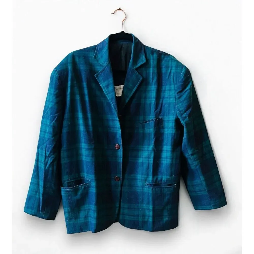 L’atmosphere Tartan‎ Plaid Blazer Sz Small Green Blue Y2K 3 Button Vintage